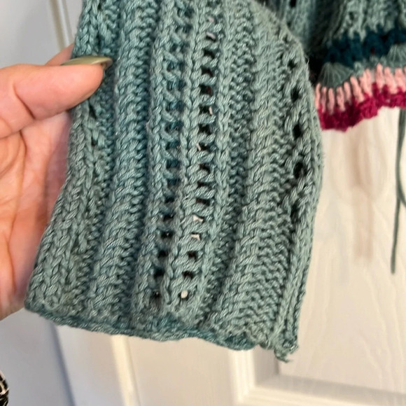 Vintage boho crochet cardigan Women's M teal blue linen blend - Picture 5 of 9